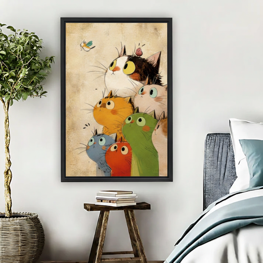 Cat Family Chasing Butterfly Framed Canvas Wall Art|Liberty Signs#L1881
