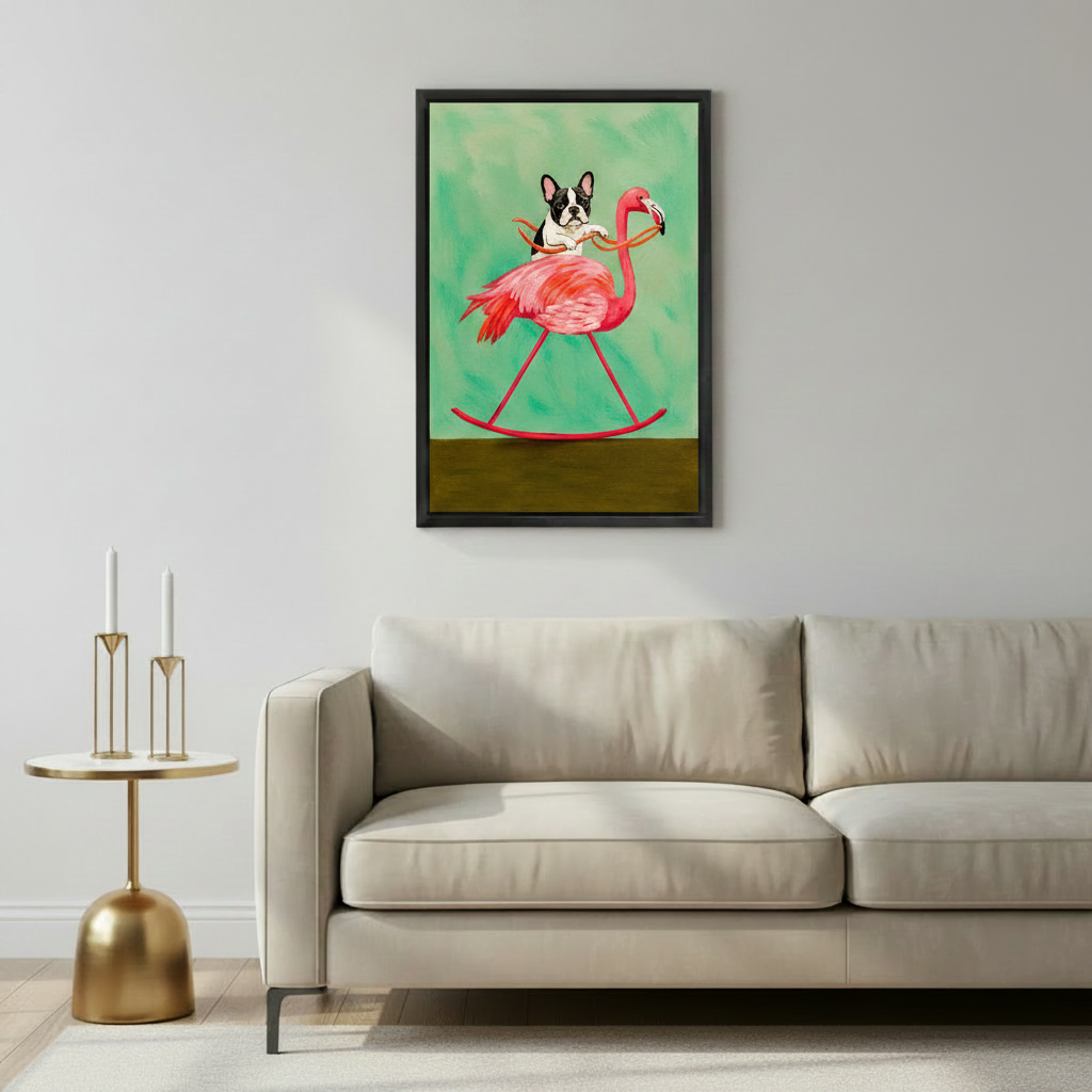 Funny French bulldog flamingo rocking horse wall art print in black frame above beige sofa with gold geometric candle holder side table in modern living room