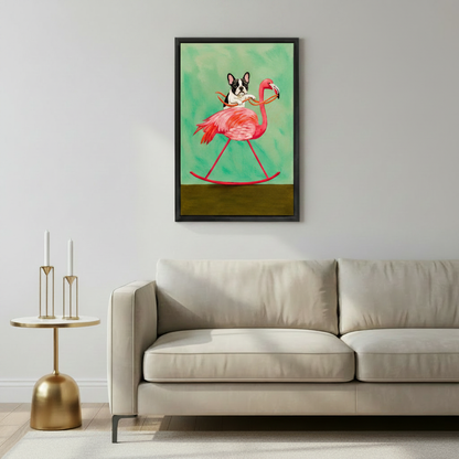 Funny French bulldog flamingo rocking horse wall art print in black frame above beige sofa with gold geometric candle holder side table in modern living room