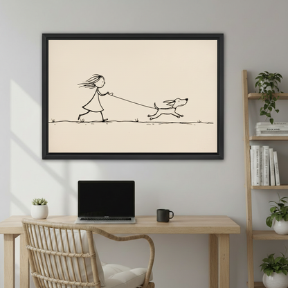 Simple girl and dog line drawing wall art in black frame above wooden desk with laptop in cozy minimalist home office

