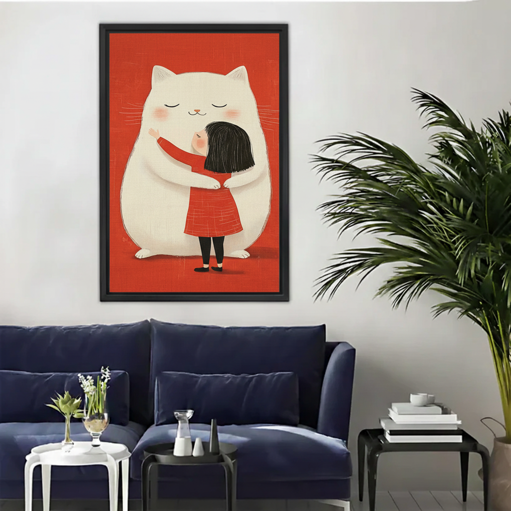 Girl Hugging Giant White Cat Framed Canvas Wall Art|Liberty Signs#L1923