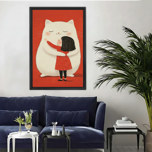 Girl Hugging Giant White Cat Framed Canvas Wall Art|Liberty Signs#L1923