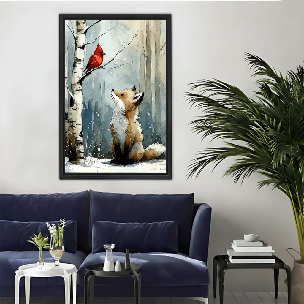 Fox and Cardinal Winter Forest Watercolor Framed Canvas|Liberty Signs#L1934