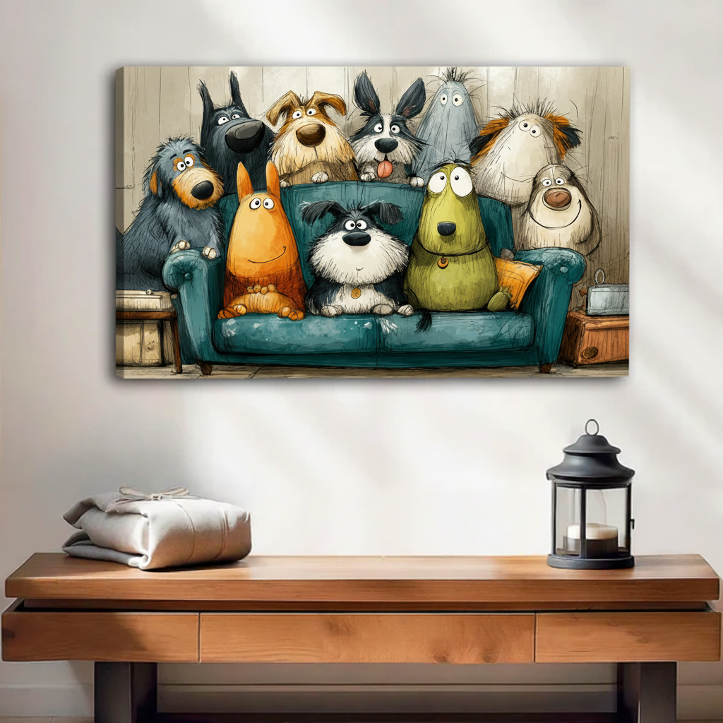 Gallery wrap canvas print of humorous cartoon dogs crowded on a couch, living room wall art for dog lovers