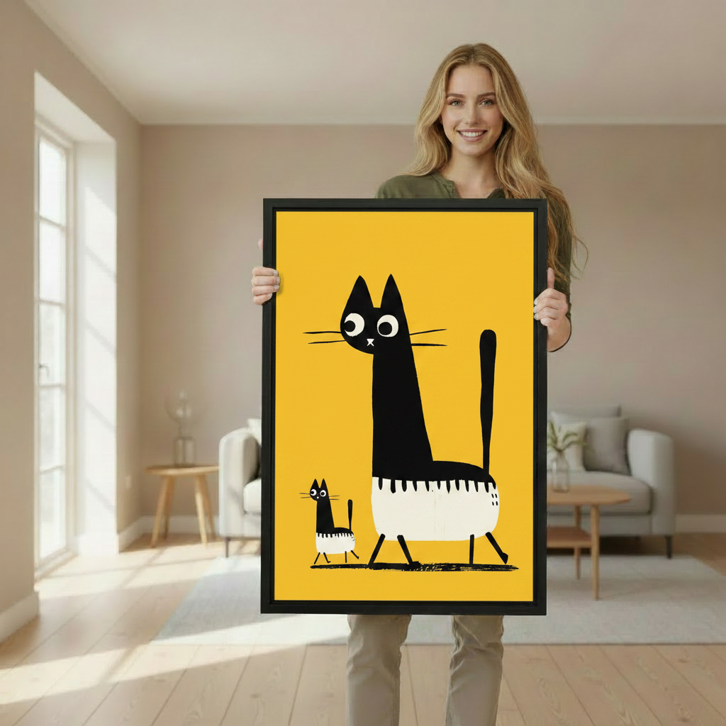 Woman holding large framed black cat pair yellow pop art print showing actual print size in bright Scandinavian living room