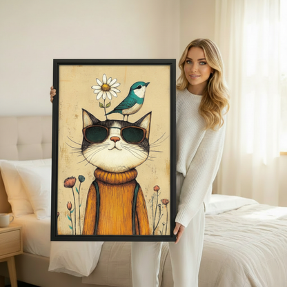 Cool Cat Sunglasses Vintage Illustration Framed Canvas Wall Art l2067