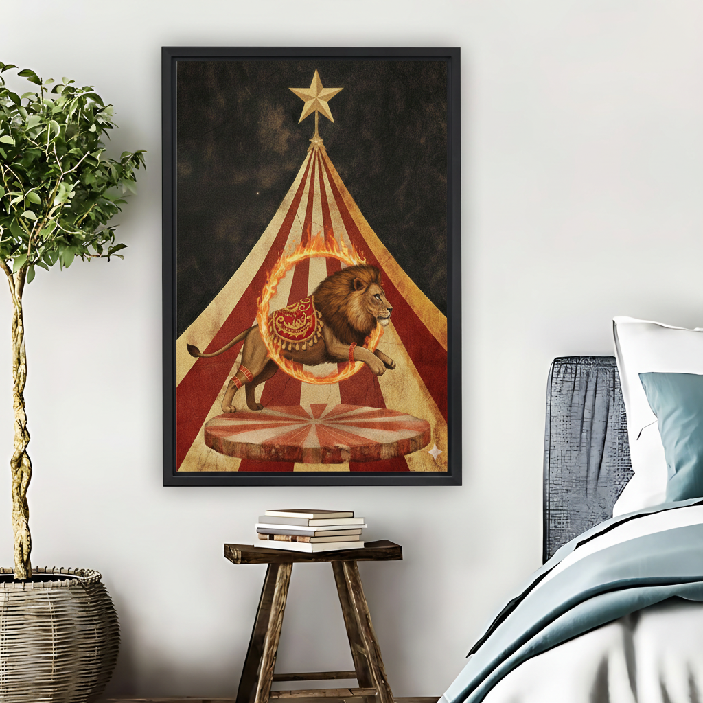 Vintage Circus Lion Fire Ring Framed Canvas Wall Art| Liberty Signs #L1637
