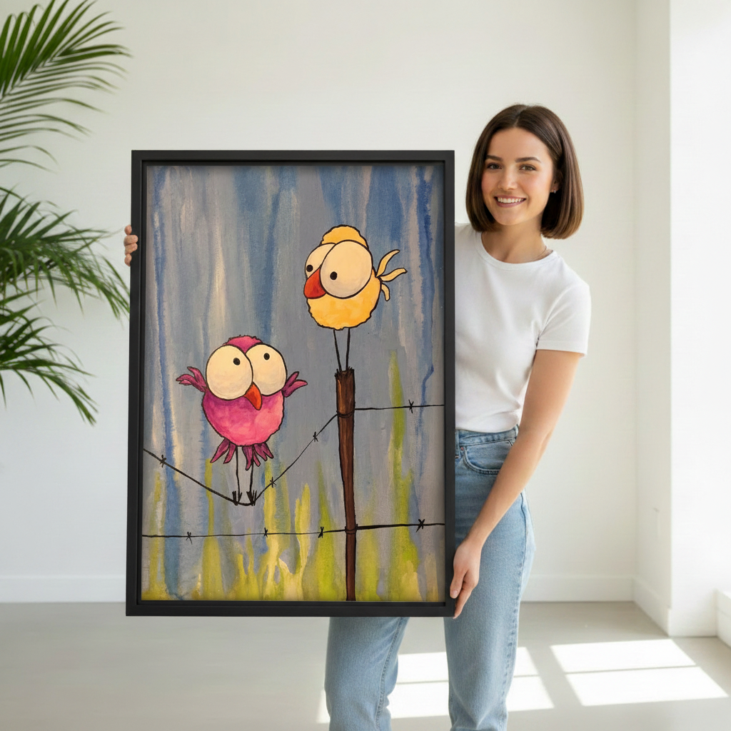 Woman holding funny birds watercolor canvas wall art print with black frame, white studio background