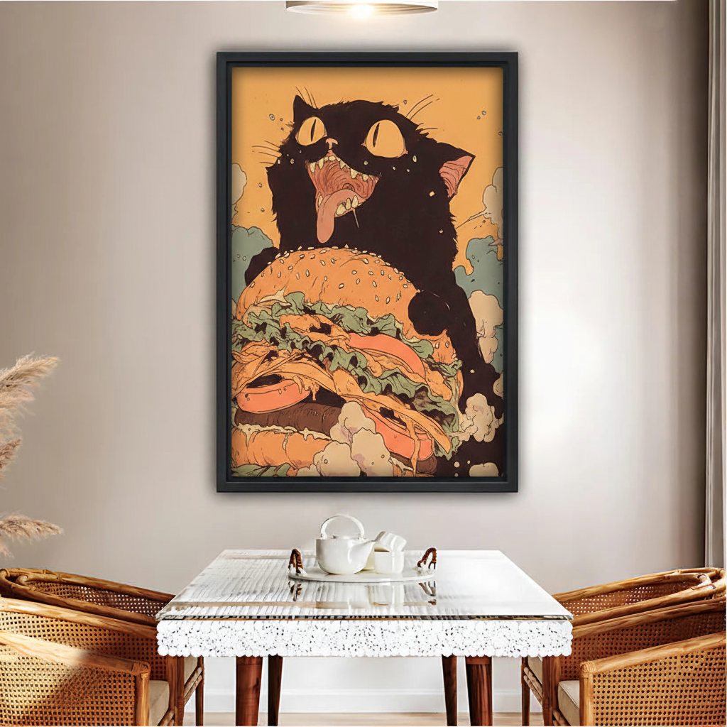 Funny Black Cat Burger Vintage Comic Framed Canvas Print|Liberty Signs#L1792