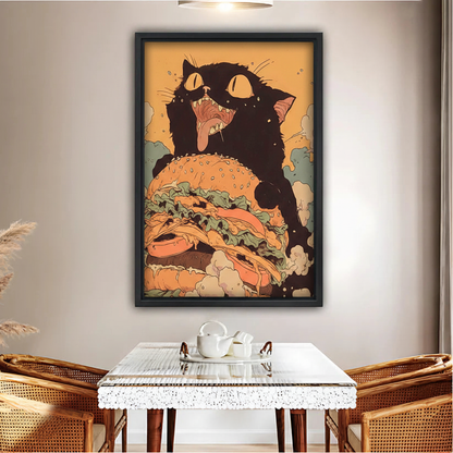 Funny Black Cat Burger Vintage Comic Framed Canvas Print|Liberty Signs#L1792