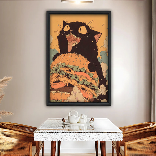 Funny Black Cat Burger Vintage Comic Framed Canvas Print|Liberty Signs#L1792