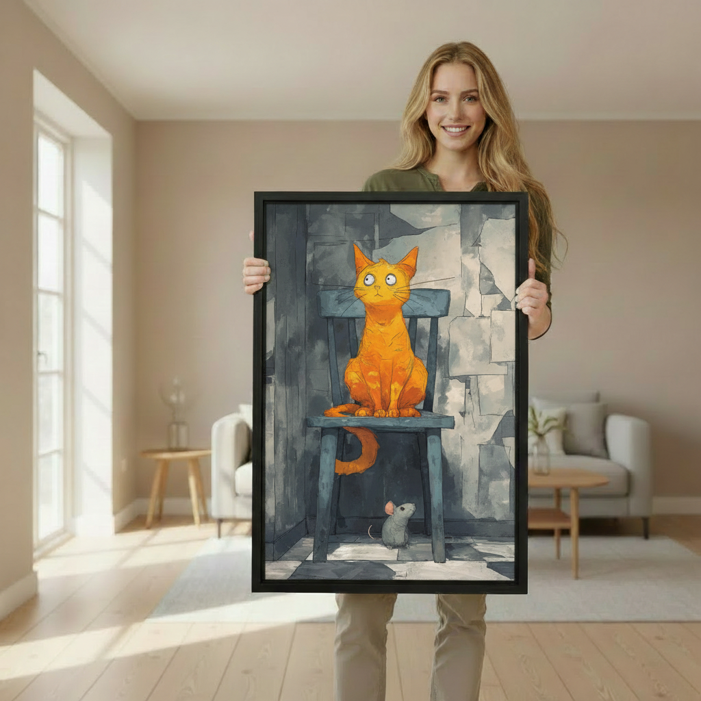 Woman holding large framed whimsical cat and mouse vintage art print showing actual print size