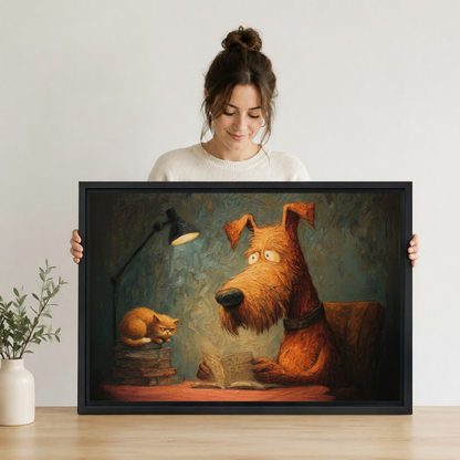Woman holding large framed dog and cat reading illustration oil painting art print showing actual print size against white wall