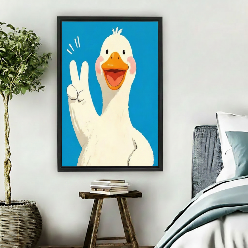 Funny white duck peace sign framed wall art print, bold blue background pop art style, black frame, bedroom wall decor