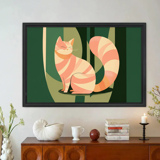 Minimalist Pink Cat Green Geometric Framed Canvas Print|Liberty Signs#L1903