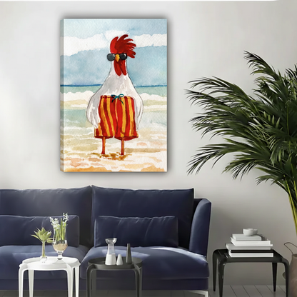 Rooster at the Beach Funny Watercolor Framed Canvas Wall Art|Liberty Signs#L1961