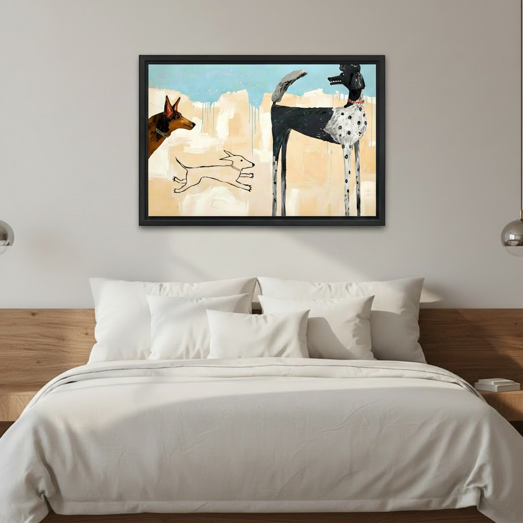 Abstract dogs contemporary art framed canvas wall art above bed in modern bedroom, bold dog lover home decor