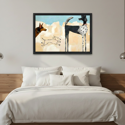 Abstract dogs contemporary art framed canvas wall art above bed in modern bedroom, bold dog lover home decor