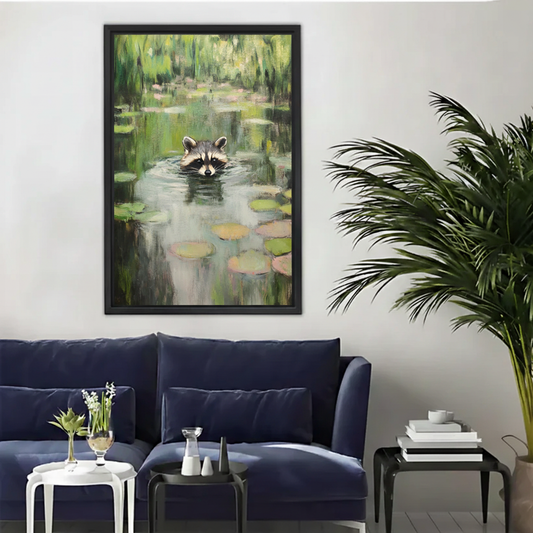 Raccoon Lily Pond Impressionist Framed Canvas Wall Art|Liberty Signs#L1820