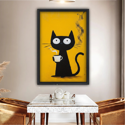 Black Cat Drinking Coffee Canvas Wall Art Print|Liberty Signs#L1784