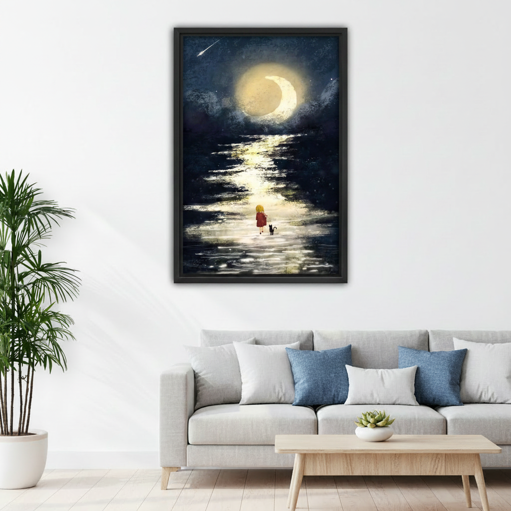 Moonlit girl and black cat night walk canvas wall art above grey sofa, black frame, dark blue watercolor illustration with golden moonlight on water, modern living room decor