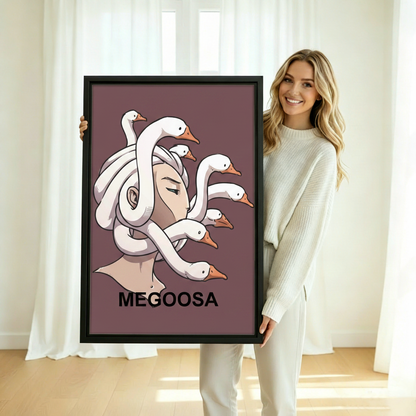 Funny goose Medusa canvas art framed on wall – quirky mythology-inspired minimalist print for bedroom or office