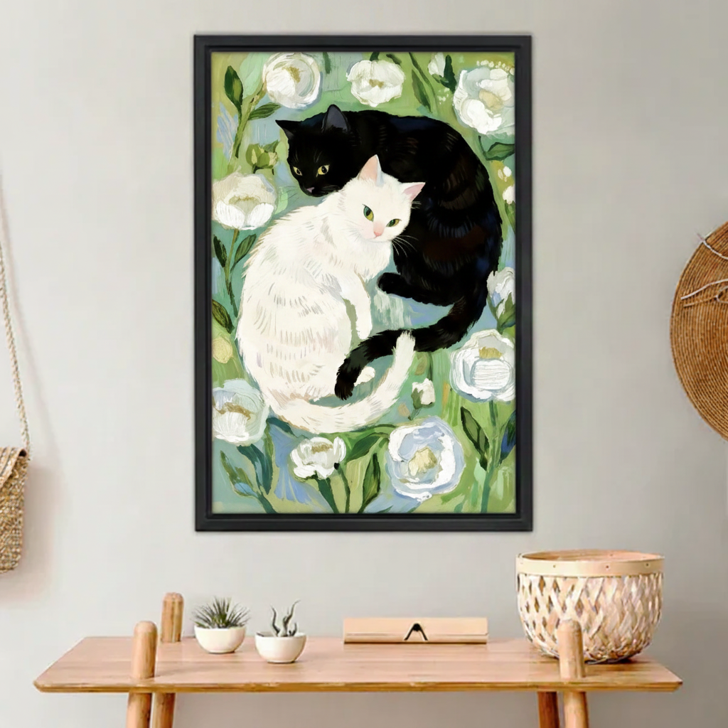 Black and white cat floral folk art canvas print – yin yang cats with white roses wall art