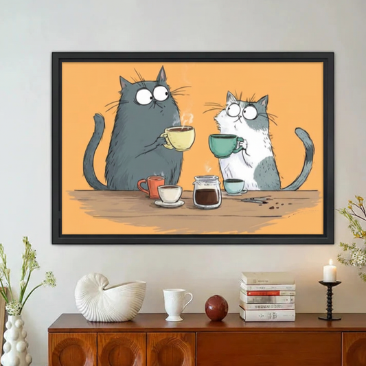 Two Cats Drinking Coffee Funny Framed Canvas Wall Art|Liberty Signs#L1915