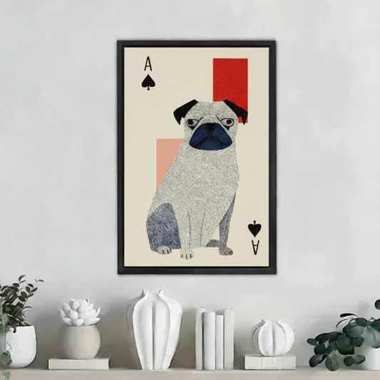 Pug dog ace of spades wall art print in black frame displayed on white shelf with ceramic decor in modern home