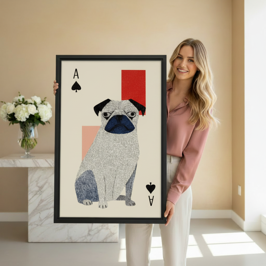 Woman holding large framed pug ace of spades art print showing actual print size in bright neutral interior