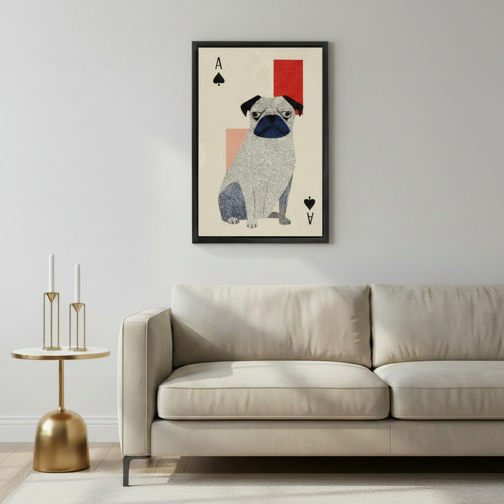 Whimsical pug dog wall art print in black frame above beige sofa in Scandinavian-style living room with gold side table