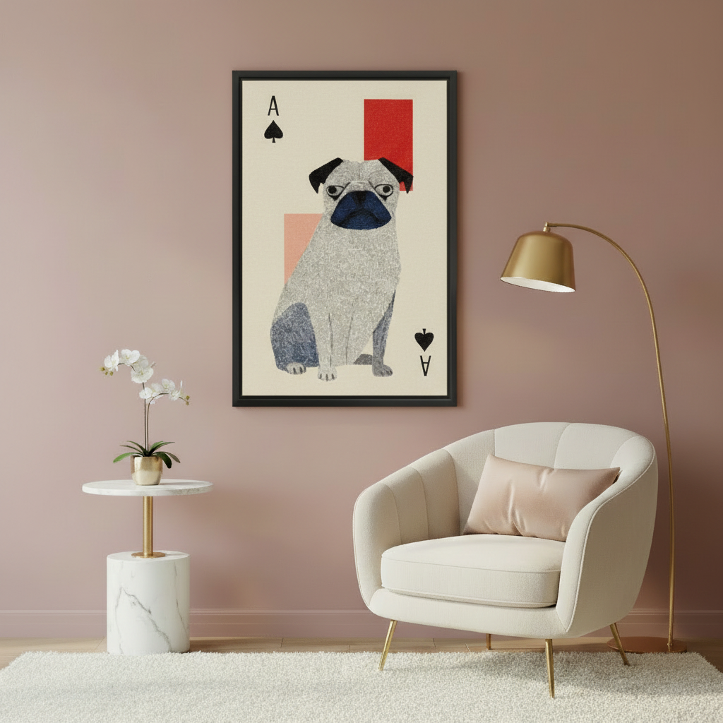 Framed pug illustration ace of spades art print hanging on blush pink wall above cream armchair with gold floor lamp