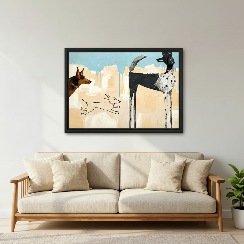 Contemporary abstract dog canvas wall art displayed in bright living room, quirky framed print for dog lovers