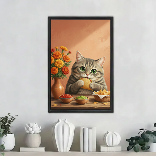 Cat Eating Taco Wall Art - Cute Gray Tabby Mexican Food Canvas Print| Liberty Signs #L277