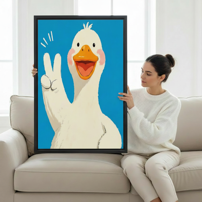 Funny duck framed print, cheerful white duck with peace sign on bright blue background, playful home wall art