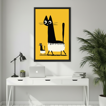Cute black cat duo mid-century modern wall art print in black frame above white desk with laptop and succulent in minimalist home office