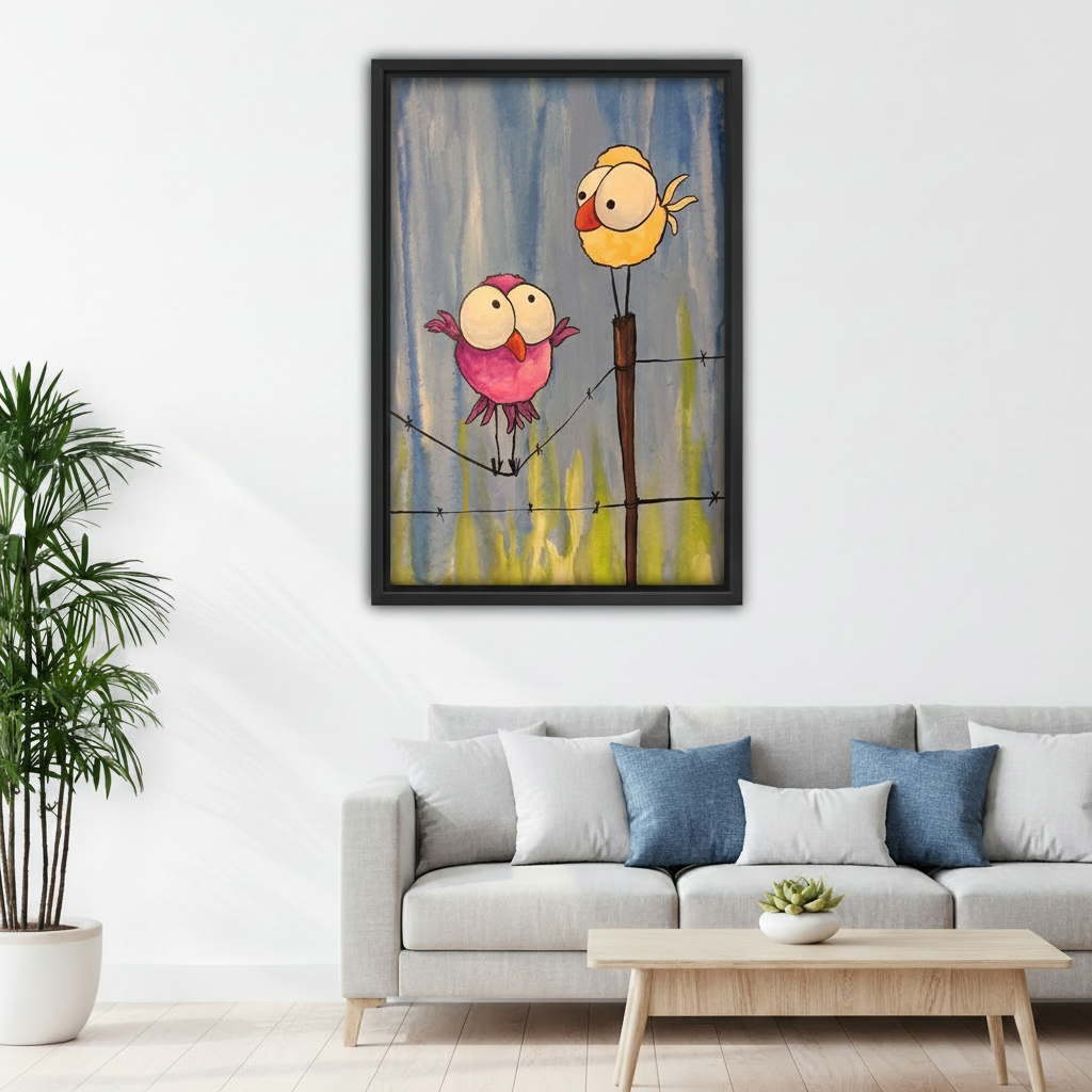 Cute pink and yellow birds watercolor canvas wall art above sofa in bright Scandinavian living room