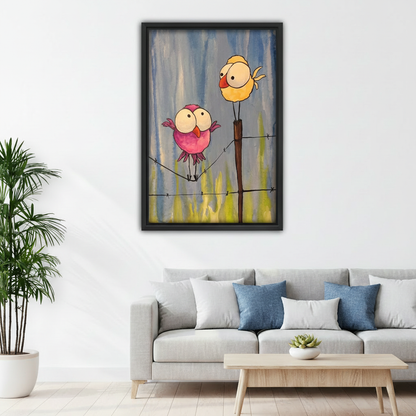 Cute pink and yellow birds watercolor canvas wall art above sofa in bright Scandinavian living room