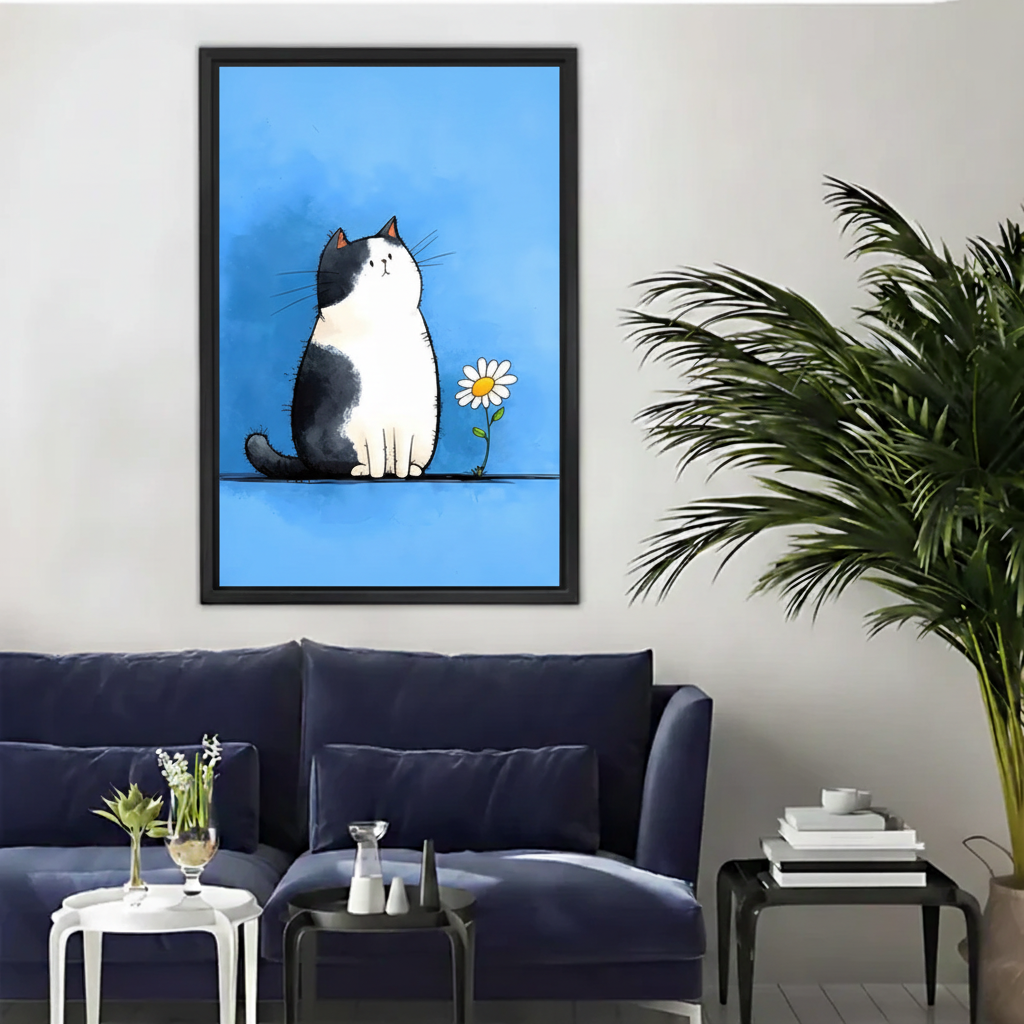 Tuxedo Cat & Daisy Cartoon Canvas Wall Art|Liberty Signs#L1962