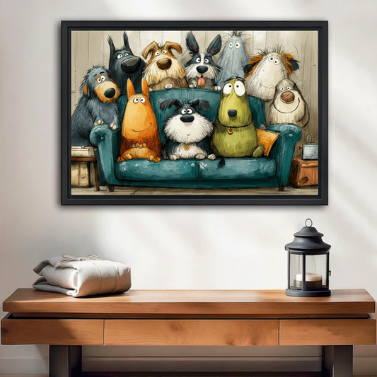 Funny cartoon dogs on a teal sofa framed canvas wall art above entryway console, whimsical dog lover decor