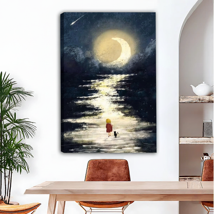 Girl in red coat walking with black cat canvas wall art, frameless gallery wrap, dark blue night watercolor illustration with glowing crescent moon and shooting star, hung in a bright dining room with indoor plants