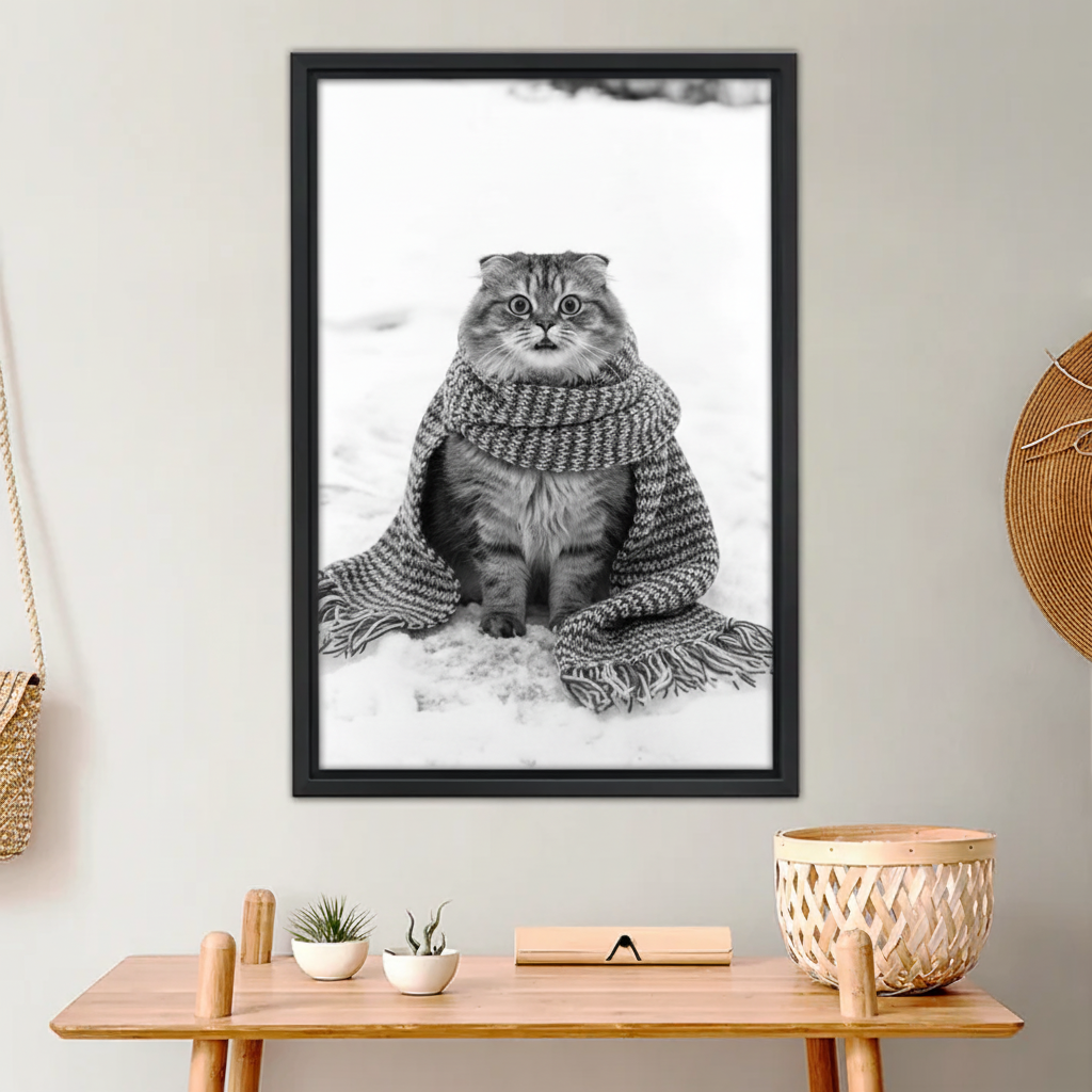 Cat in Scarf Winter Wall Art - Cozy Black and White Photography Print|Liberty Signs #L903