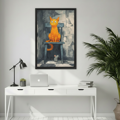 Whimsical cat wall art print in black frame above white desk in bright home office setting