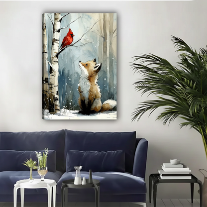 Fox and Cardinal Winter Forest Watercolor Framed Canvas|Liberty Signs#L1934