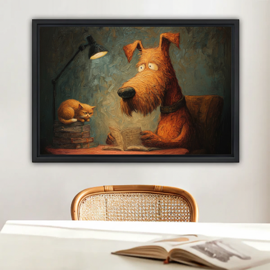 Funny dog reading with grumpy cat oil painting wall art in black frame above white dining table with rattan chair in warm interior