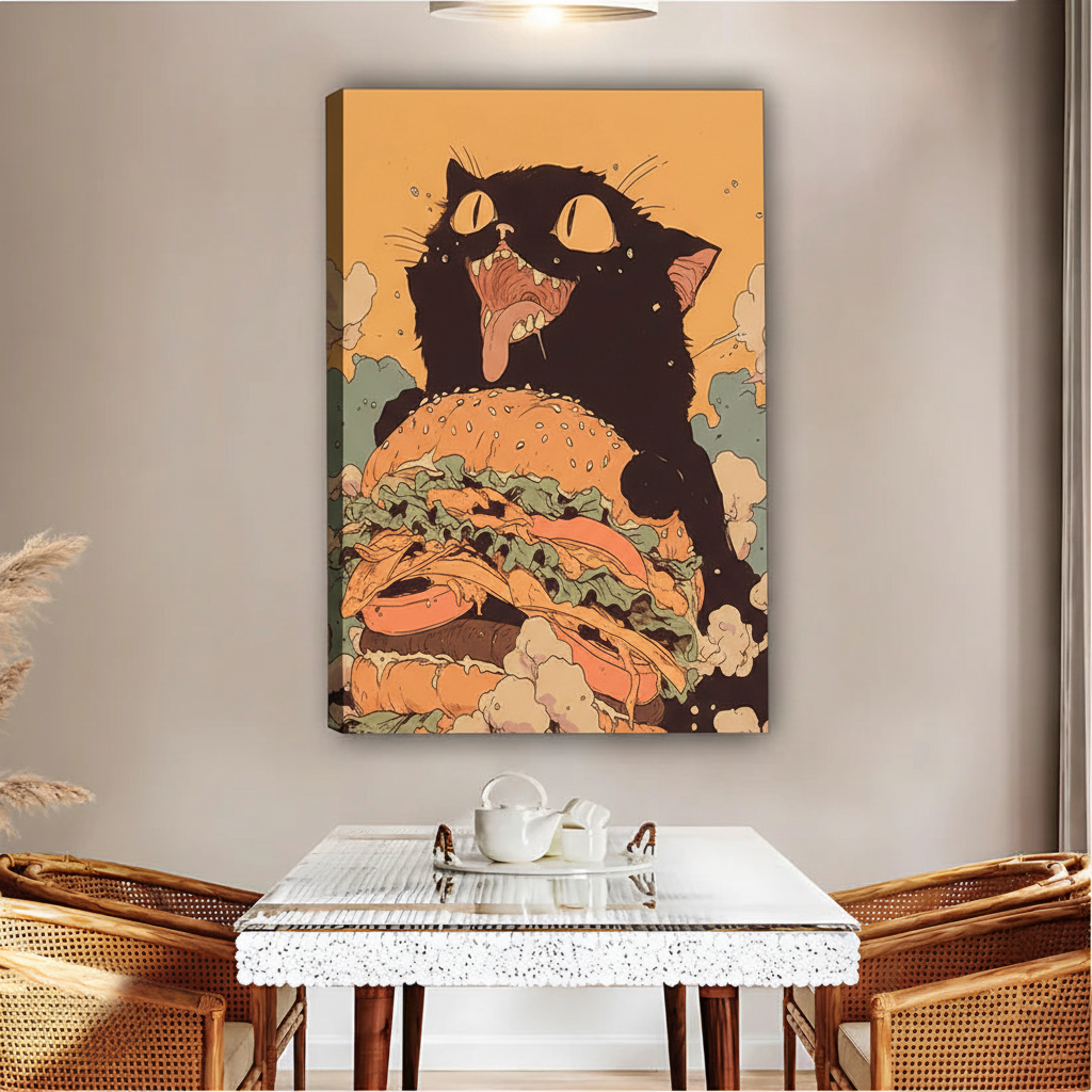 Funny Black Cat Burger Vintage Comic Framed Canvas Print|Liberty Signs#L1792