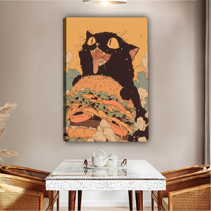 Funny Black Cat Burger Vintage Comic Framed Canvas Print|Liberty Signs#L1792