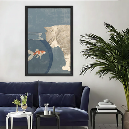 Curious Cat Goldfish Bowl Japanese Style Framed Canvas Art|Liberty Signs#L1953