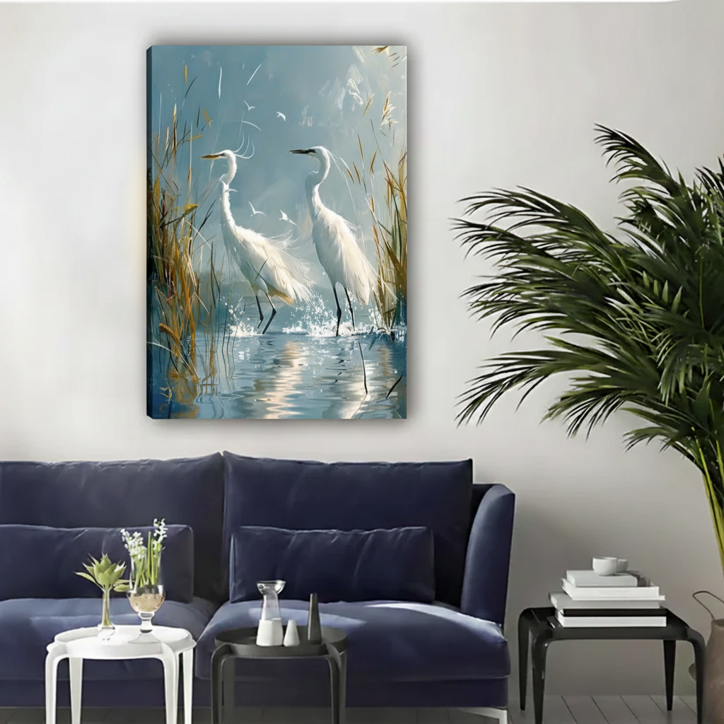 Elegant Egrets Wetland Oil Painting Framed Canvas Art|Liberty Signs#L1879