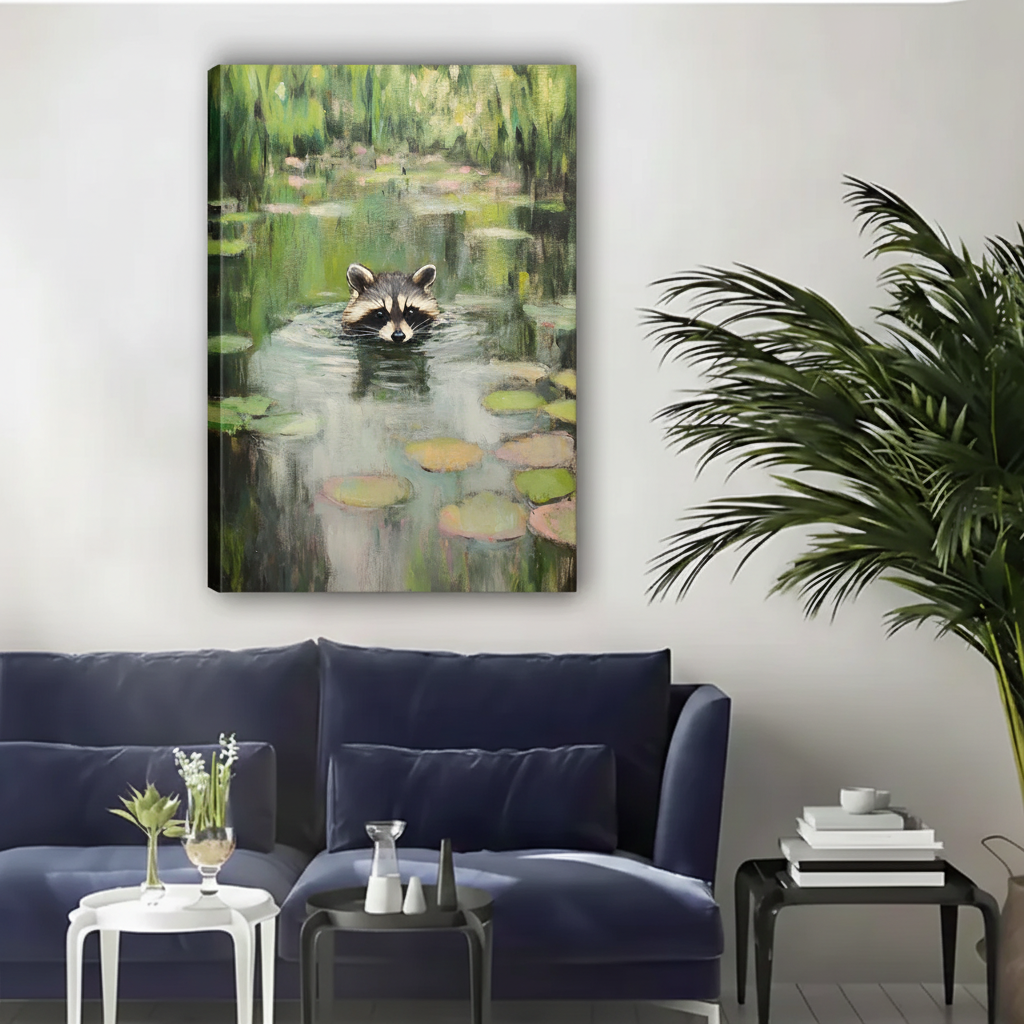 Raccoon Lily Pond Impressionist Framed Canvas Wall Art|Liberty Signs#L1820